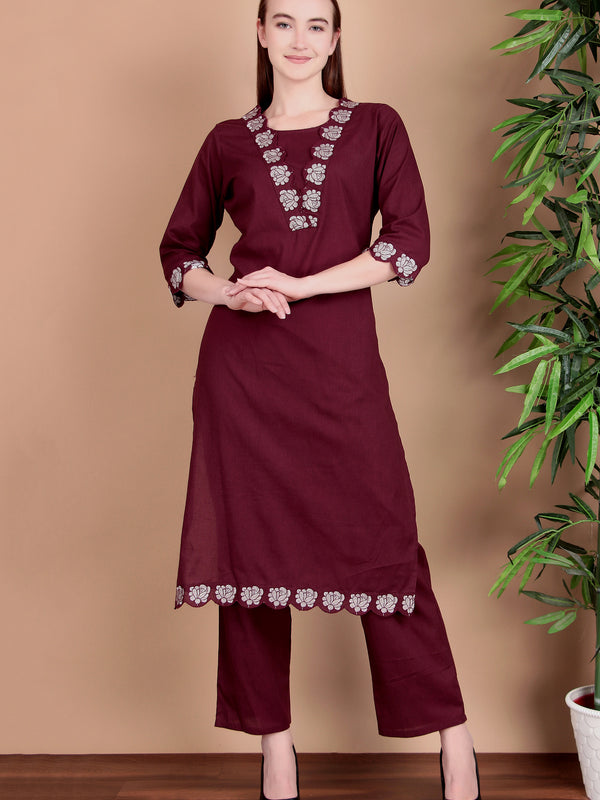Miramaar Women's Wine Cotton Straight V-neck Embroidered Kurta Pant with Dupatta