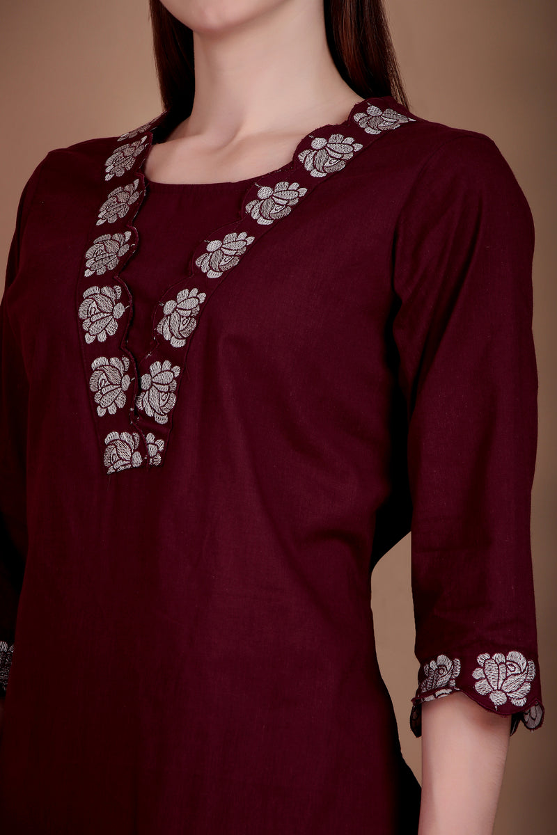 Miramaar Women's Wine Cotton Straight V-neck Embroidered Kurta Pant with Dupatta