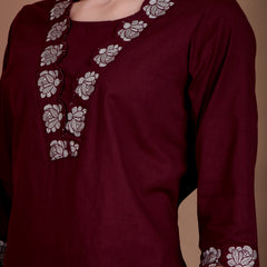 Miramaar Women's Wine Cotton Straight V-neck Embroidered Kurta Pant with Dupatta