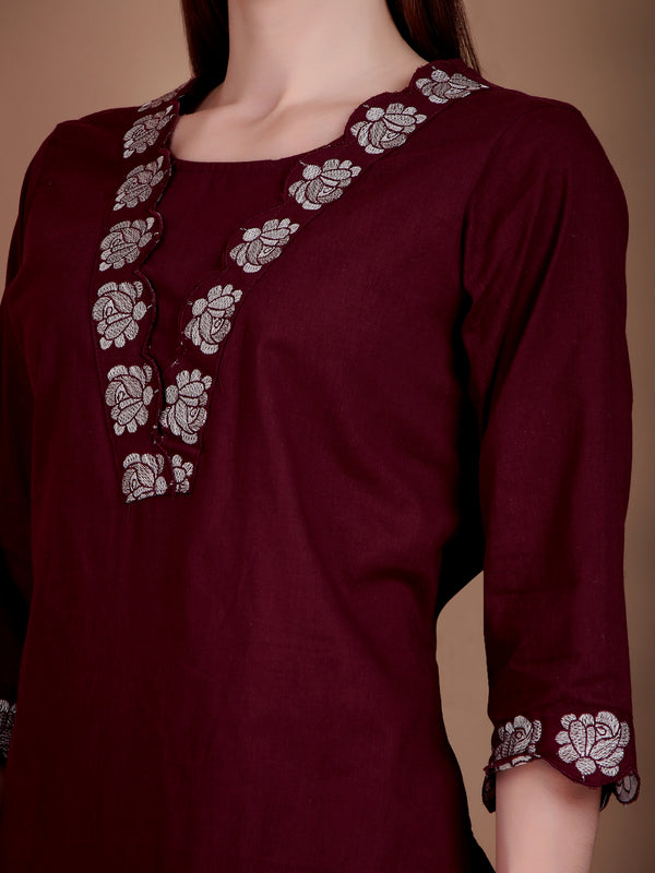 Miramaar Women's Wine Cotton Straight V-neck Embroidered Kurta Pant with Dupatta