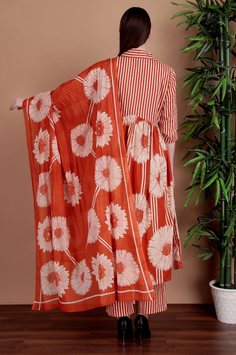 Miramaar Women's Orange Cotton A-line Hand Work Kurta Pant with Dupatta