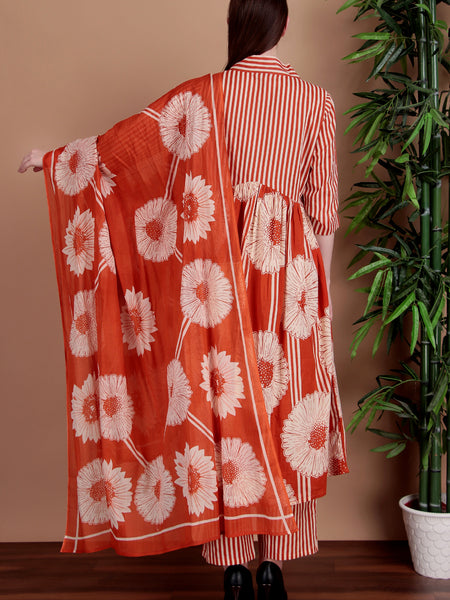 Miramaar Women's Orange Cotton A-line Hand Work Kurta Pant with Dupatta