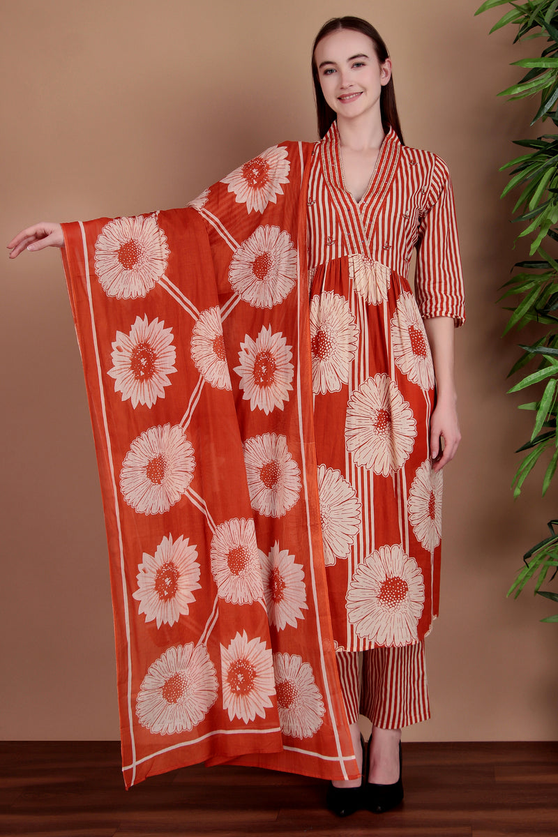 Miramaar Women's Orange Cotton A-line Hand Work Kurta Pant with Dupatta