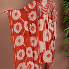 Miramaar Women's Orange Cotton A-line Hand Work Kurta Pant with Dupatta