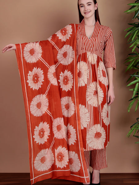 Miramaar Women's Orange Cotton A-line Hand Work Kurta Pant with Dupatta