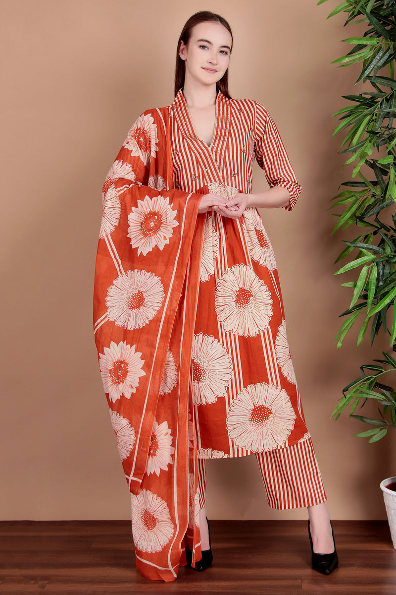 Miramaar Women's Orange Cotton A-line Hand Work Kurta Pant with Dupatta