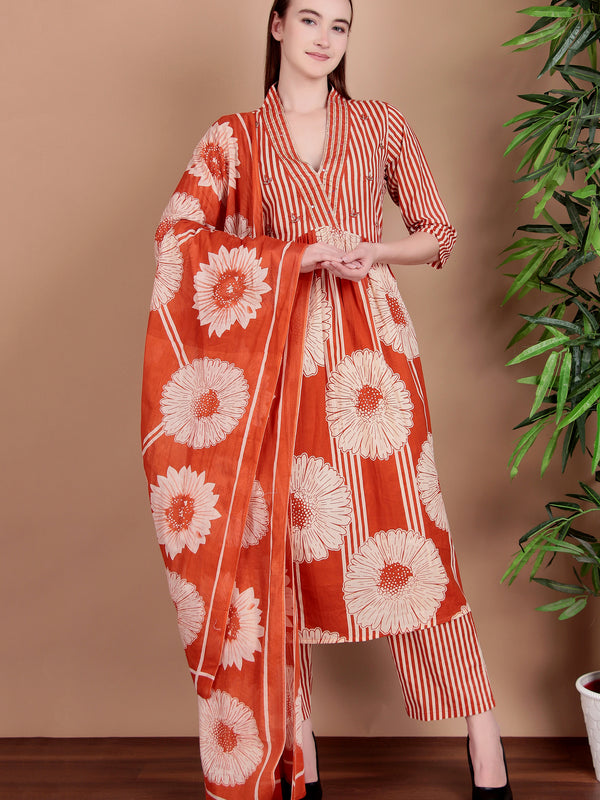 Miramaar Women's Orange Cotton A-line Hand Work Kurta Pant with Dupatta