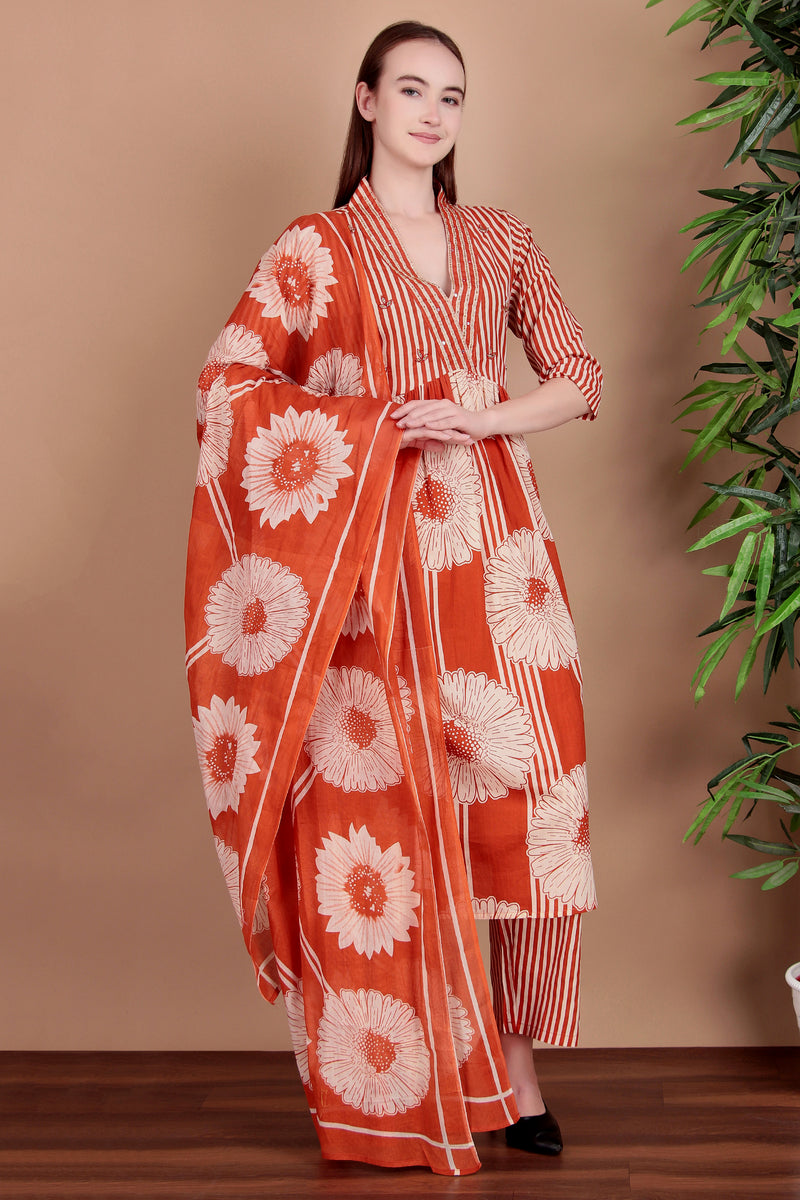 Miramaar Women's Orange Cotton A-line Hand Work Kurta Pant with Dupatta