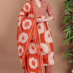 Miramaar Women's Orange Cotton A-line Hand Work Kurta Pant with Dupatta