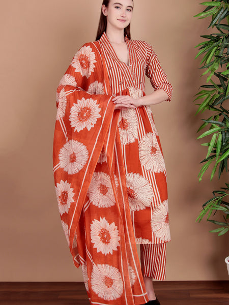 Miramaar Women's Orange Cotton A-line Hand Work Kurta Pant with Dupatta