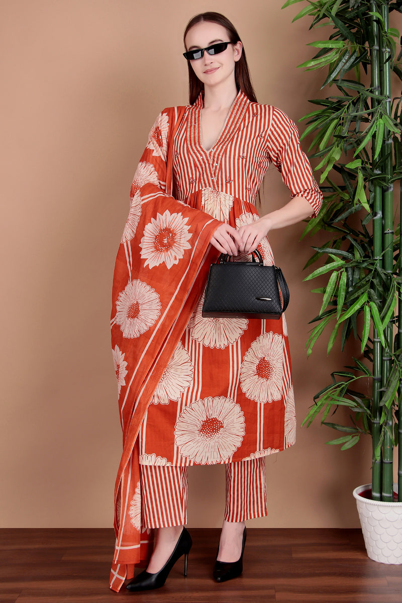 Miramaar Women's Orange Cotton A-line Hand Work Kurta Pant with Dupatta