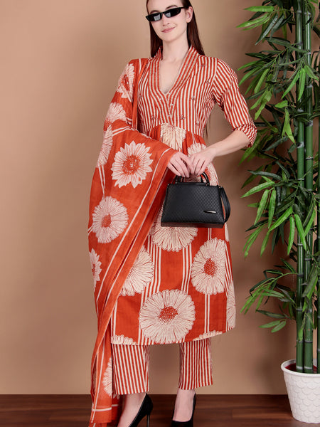 Miramaar Women's Orange Cotton A-line Hand Work Kurta Pant with Dupatta