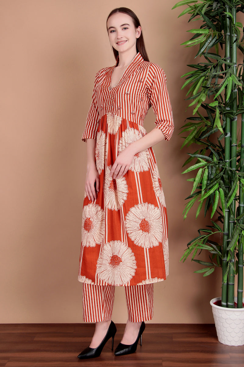 Miramaar Women's Orange Cotton A-line Hand Work Kurta Pant with Dupatta