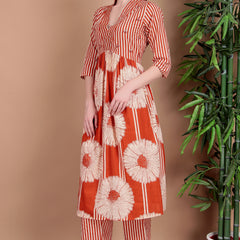 Miramaar Women's Orange Cotton A-line Hand Work Kurta Pant with Dupatta