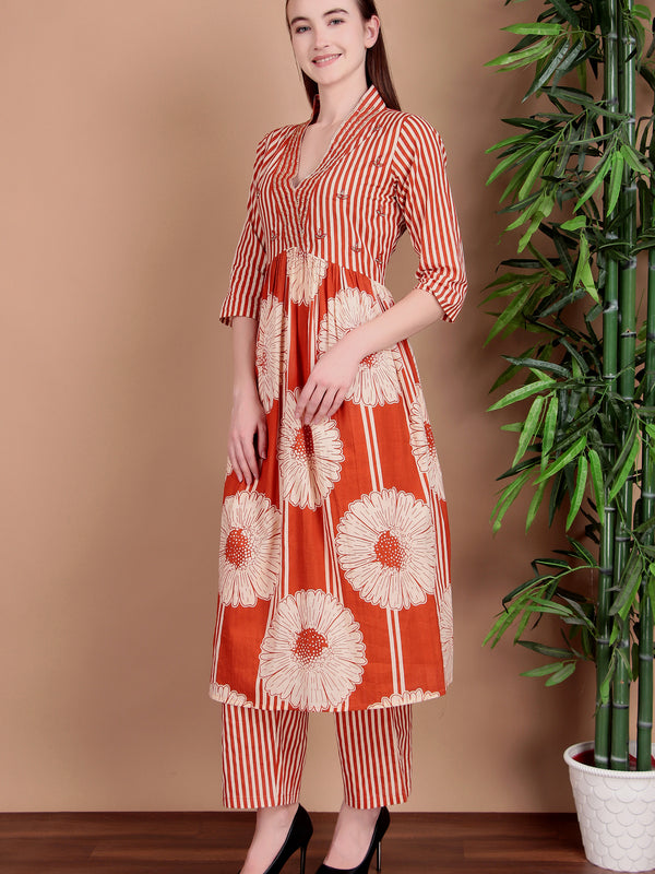 Miramaar Women's Orange Cotton A-line Hand Work Kurta Pant with Dupatta