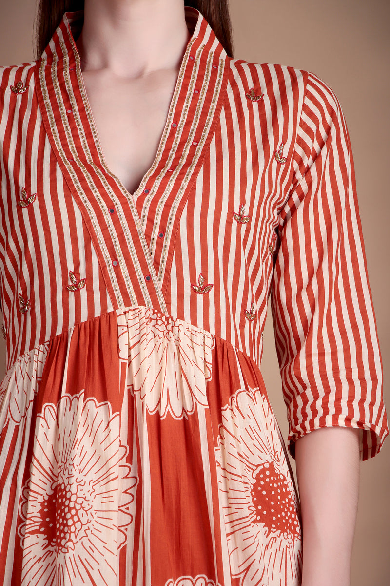 Miramaar Women's Orange Cotton A-line Hand Work Kurta Pant with Dupatta