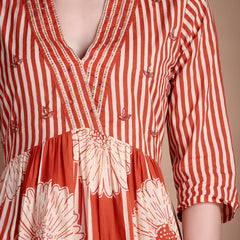 Miramaar Women's Orange Cotton A-line Hand Work Kurta Pant with Dupatta