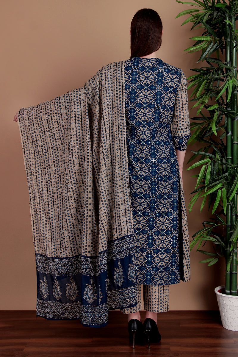 Miramaar Women's Blue Printed Cotton A-line Hand Work Kurta Pant Dupatta Set