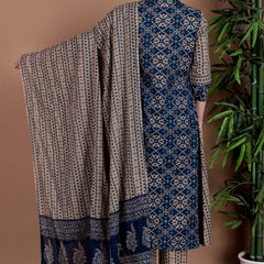 Miramaar Women's Blue Printed Cotton A-line Hand Work Kurta Pant Dupatta Set