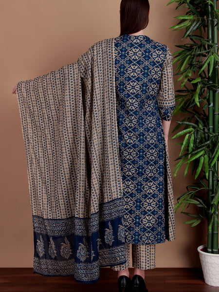 Miramaar Women's Blue Printed Cotton A-line Hand Work Kurta Pant Dupatta Set