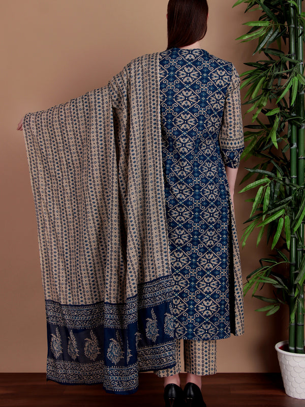 Miramaar Women's Blue Printed Cotton A-line Hand Work Kurta Pant Dupatta Set