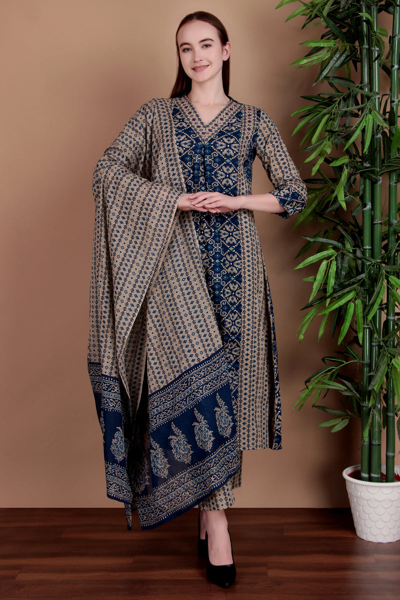 Miramaar Women's Blue Printed Cotton A-line Hand Work Kurta Pant Dupatta Set