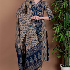 Miramaar Women's Blue Printed Cotton A-line Hand Work Kurta Pant Dupatta Set