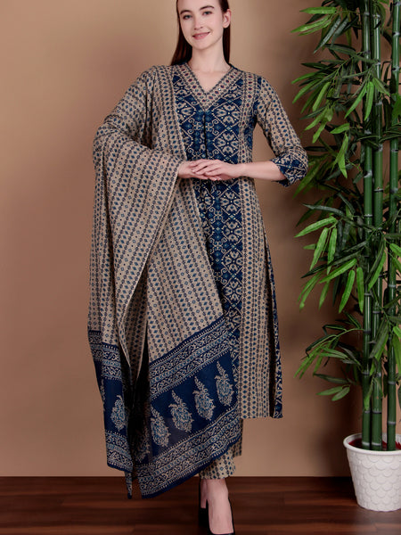 Miramaar Women's Blue Printed Cotton A-line Hand Work Kurta Pant Dupatta Set