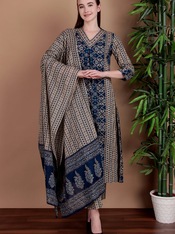 Miramaar Women's Blue Printed Cotton A-line Hand Work Kurta Pant Dupatta Set