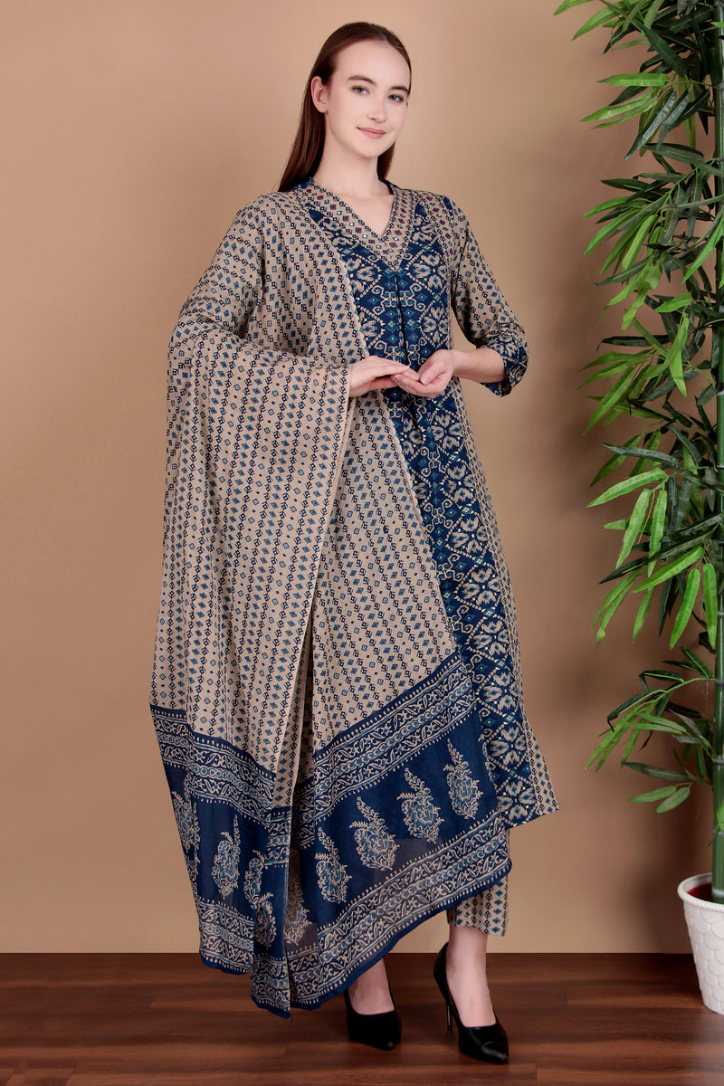 Miramaar Women's Blue Printed Cotton A-line Hand Work Kurta Pant Dupatta Set