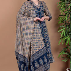 Miramaar Women's Blue Printed Cotton A-line Hand Work Kurta Pant Dupatta Set