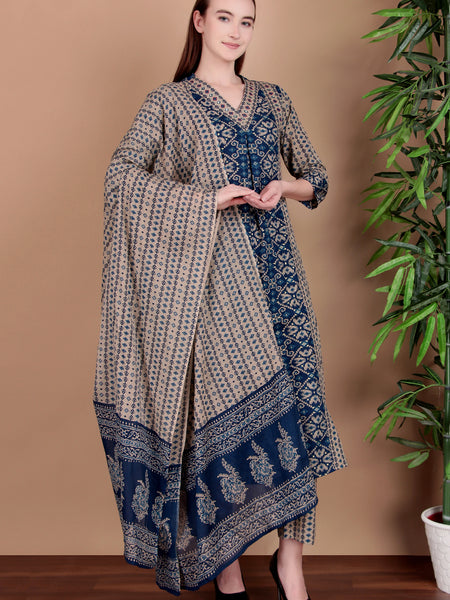 Miramaar Women's Blue Printed Cotton A-line Hand Work Kurta Pant Dupatta Set