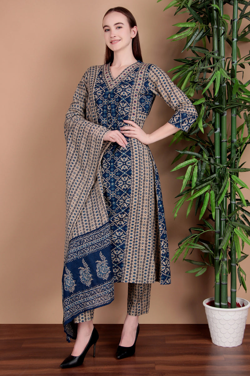 Miramaar Women's Blue Printed Cotton A-line Hand Work Kurta Pant Dupatta Set