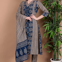 Miramaar Women's Blue Printed Cotton A-line Hand Work Kurta Pant Dupatta Set