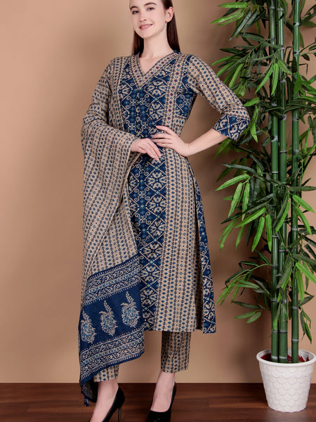 Miramaar Women's Blue Printed Cotton A-line Hand Work Kurta Pant Dupatta Set