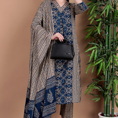 Miramaar Women's Blue Printed Cotton A-line Hand Work Kurta Pant Dupatta Set