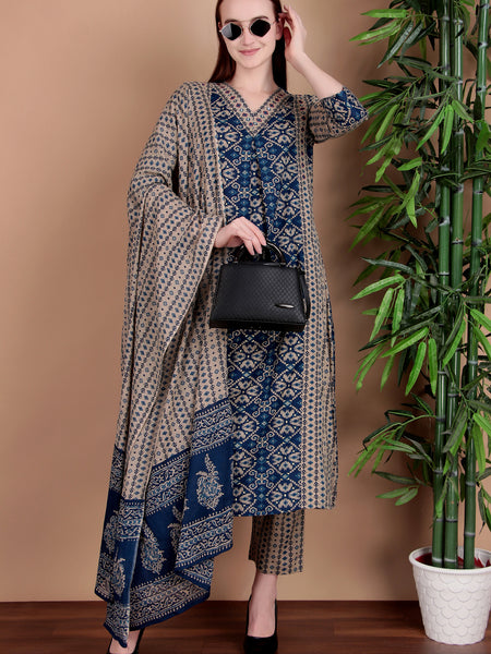 Miramaar Women's Blue Printed Cotton A-line Hand Work Kurta Pant Dupatta Set