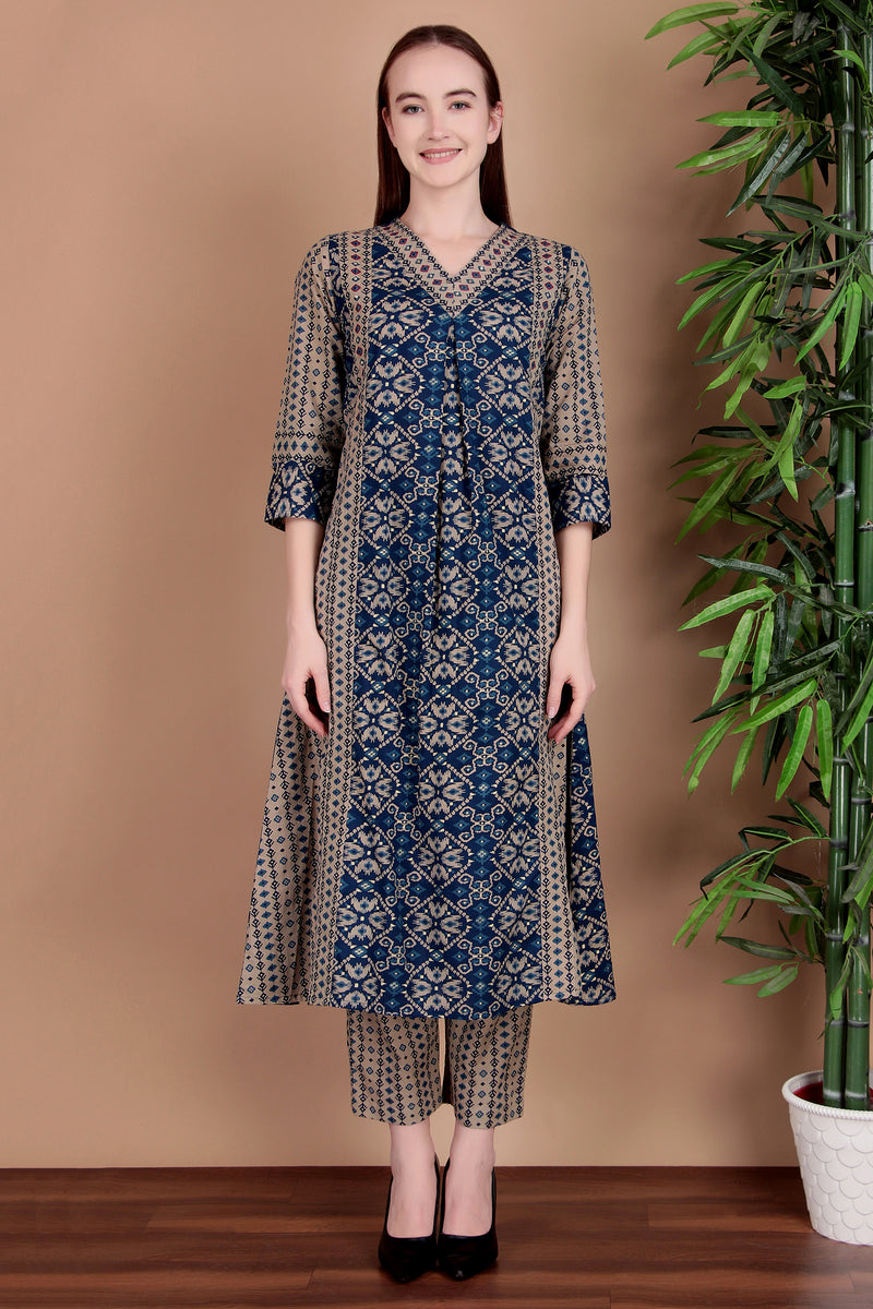 Miramaar Women's Blue Printed Cotton A-line Hand Work Kurta Pant Dupatta Set