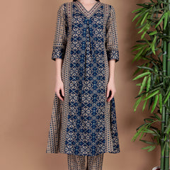 Miramaar Women's Blue Printed Cotton A-line Hand Work Kurta Pant Dupatta Set