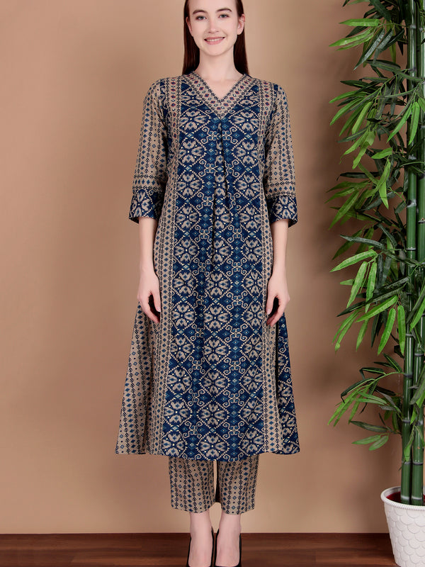 Miramaar Women's Blue Printed Cotton A-line Hand Work Kurta Pant Dupatta Set