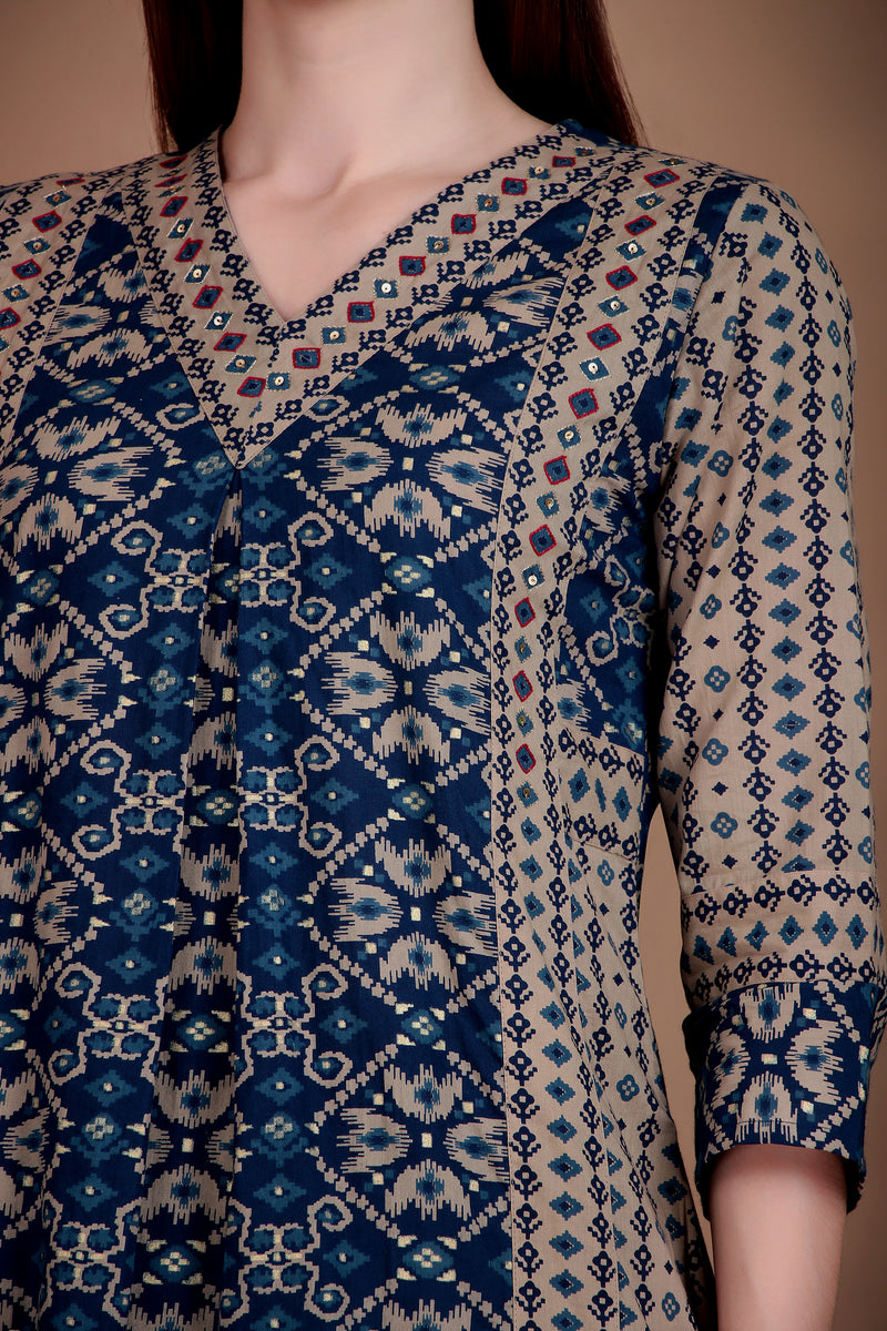 Miramaar Women's Blue Printed Cotton A-line Hand Work Kurta Pant Dupatta Set