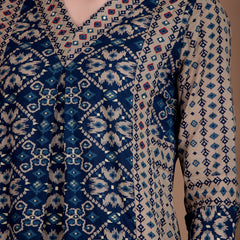 Miramaar Women's Blue Printed Cotton A-line Hand Work Kurta Pant Dupatta Set