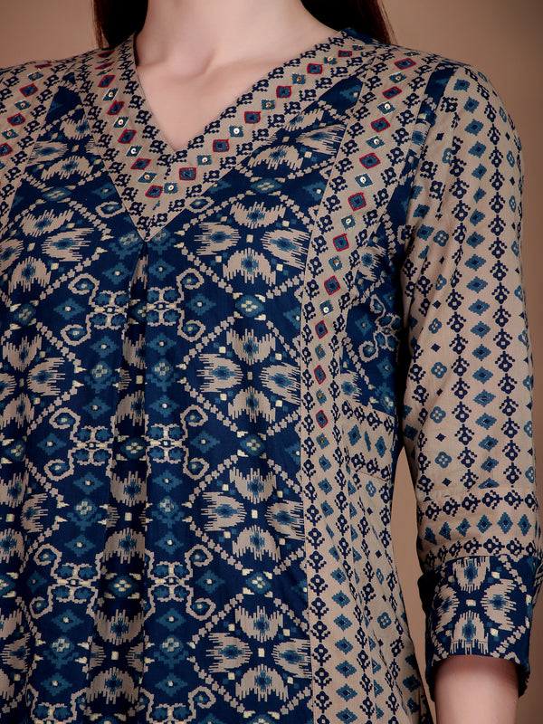 Miramaar Women's Blue Printed Cotton A-line Hand Work Kurta Pant Dupatta Set