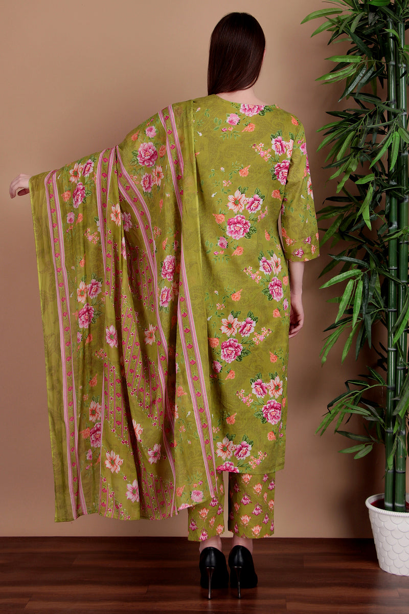 Miramaar Women's Green Cotton Straight Round Neck Hand Work Kurta Pant with Dupatta