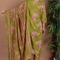 Miramaar Women's Green Cotton Straight Round Neck Hand Work Kurta Pant with Dupatta