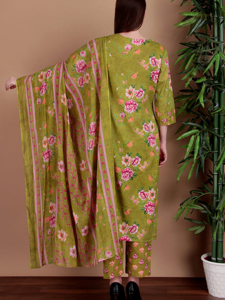 Miramaar Women's Green Cotton Straight Round Neck Hand Work Kurta Pant with Dupatta