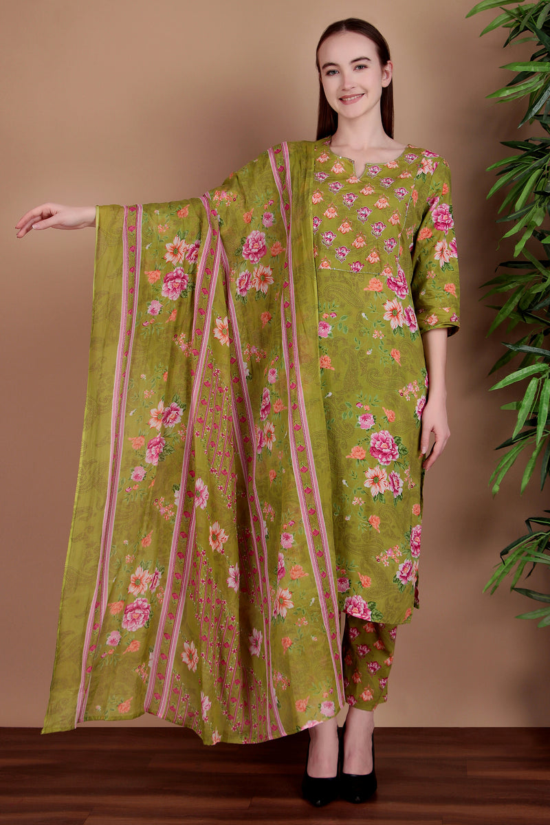 Miramaar Women's Green Cotton Straight Round Neck Hand Work Kurta Pant with Dupatta