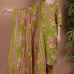 Miramaar Women's Green Cotton Straight Round Neck Hand Work Kurta Pant with Dupatta