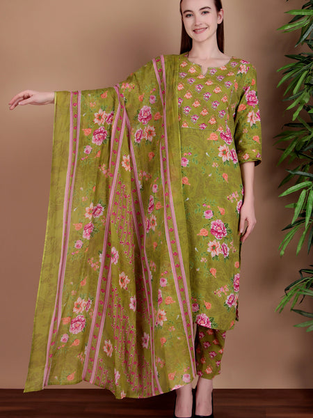 Miramaar Women's Green Cotton Straight Round Neck Hand Work Kurta Pant with Dupatta