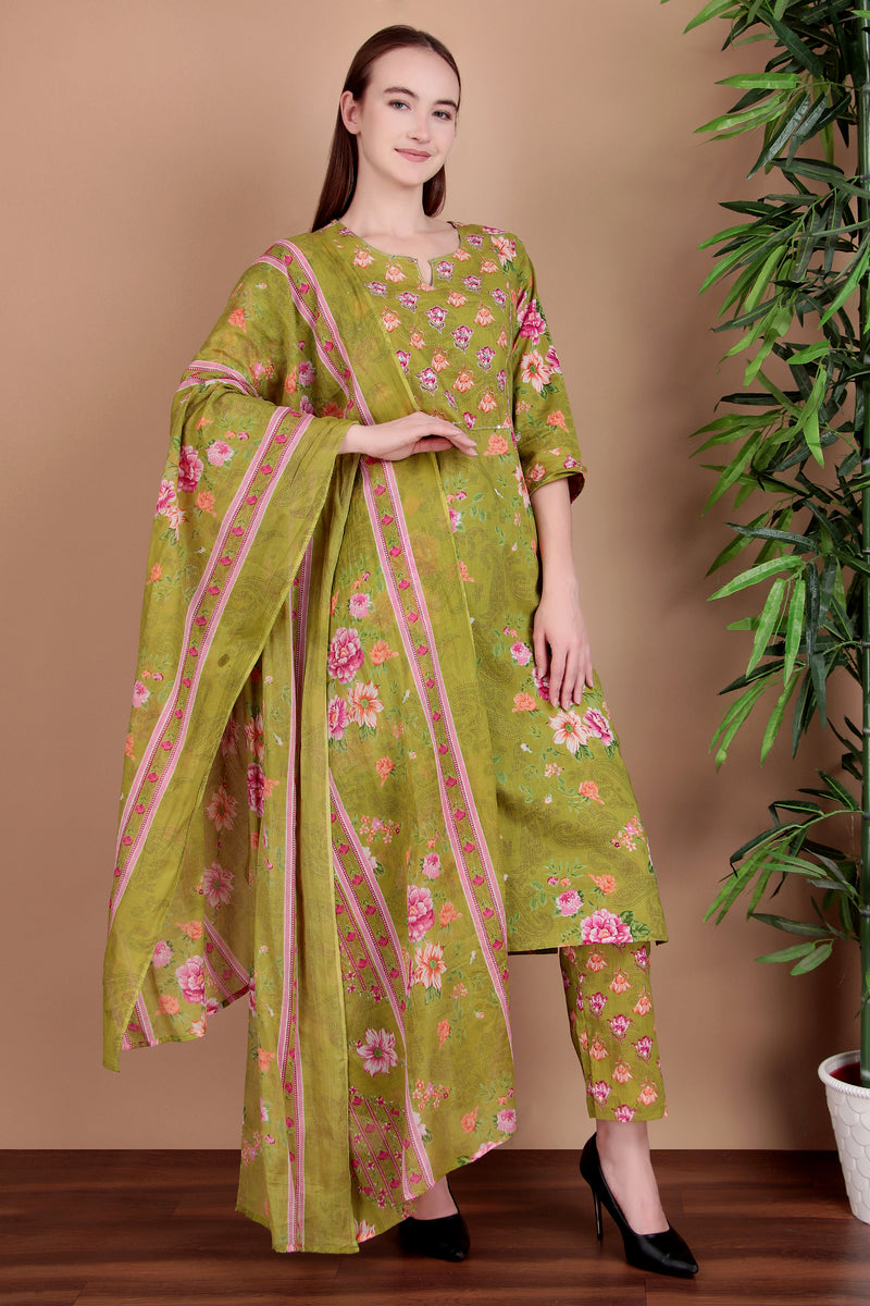 Miramaar Women's Green Cotton Straight Round Neck Hand Work Kurta Pant with Dupatta